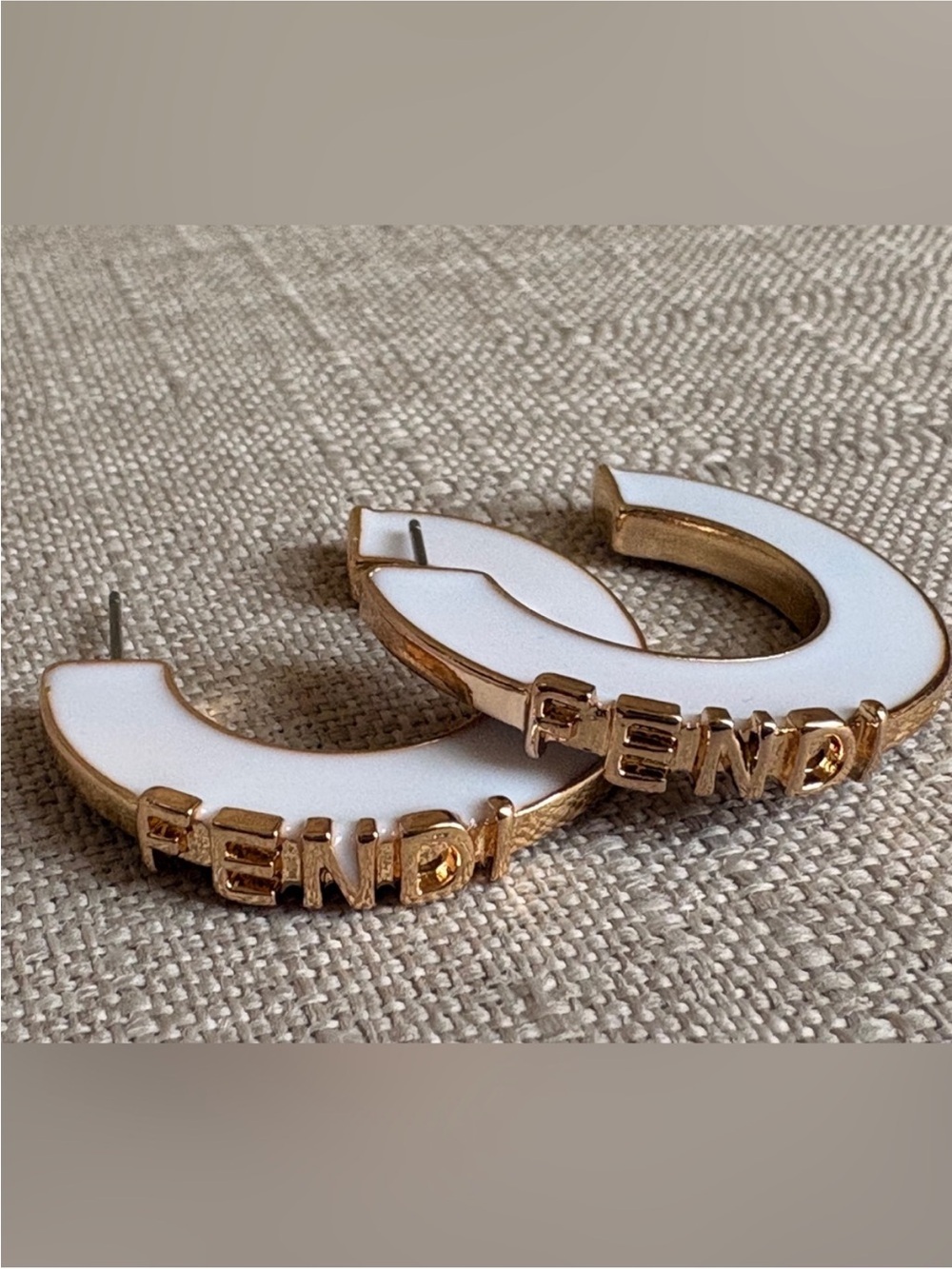 Fendi White and Gold Logo Hoop Earrings